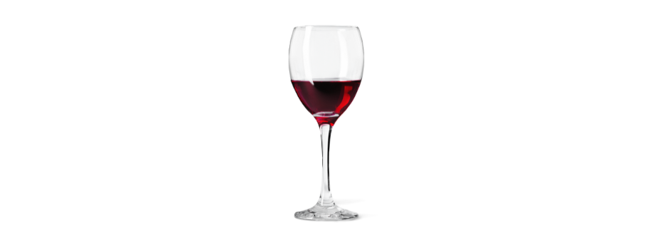 A wine glass filled with red wine on a white background.