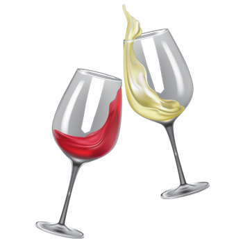 Two wine glasses are toasting with red and white wine