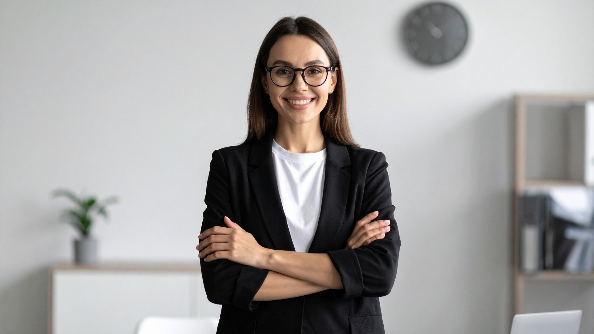 A smiling person in a blue sleeveless top stands with their arms crossed against a plain grey concrete background.