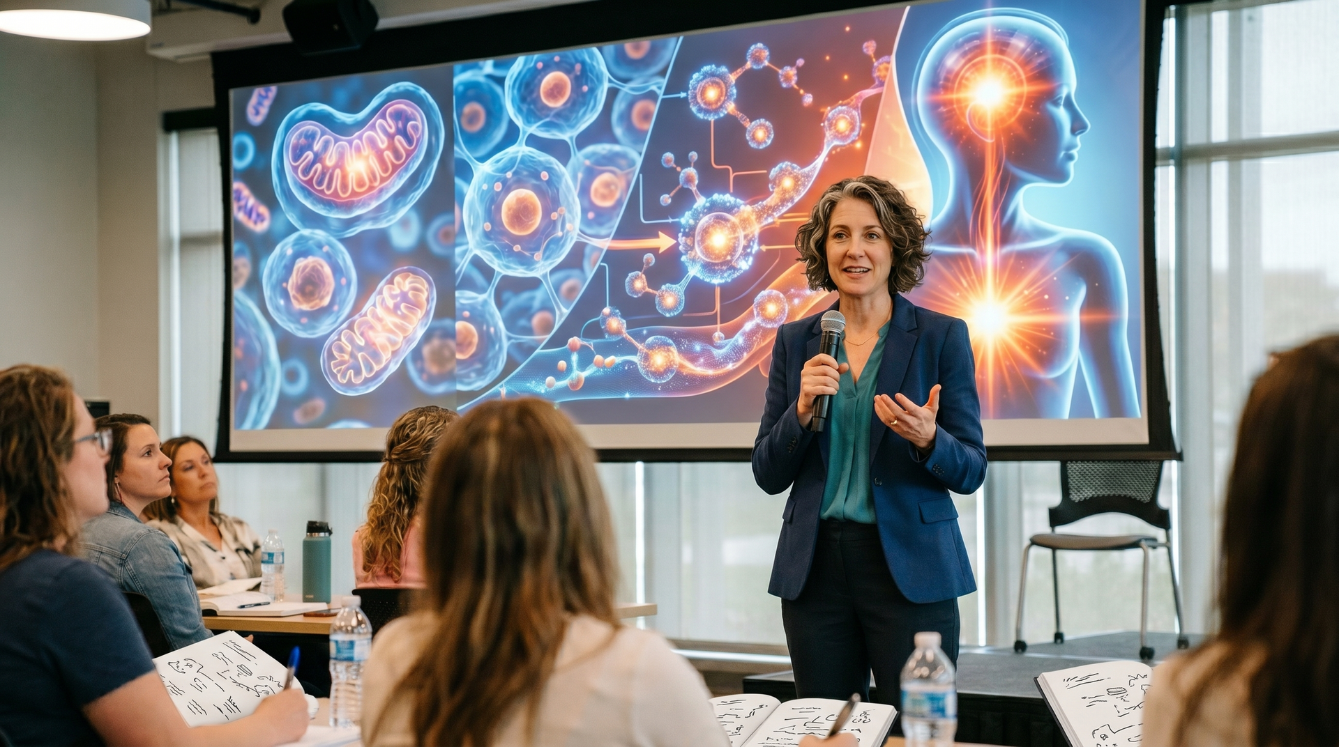 A smiling person in a blue sleeveless top stands with their arms crossed against a plain grey concrete background.