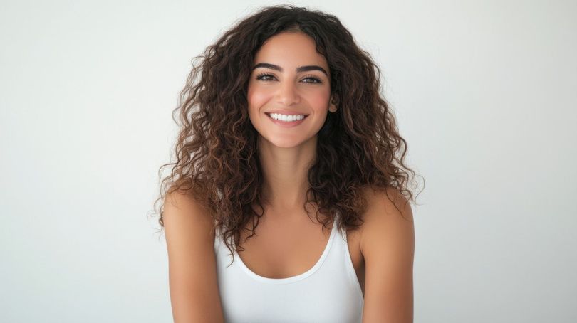Woman with a white towel on her head, smiling.