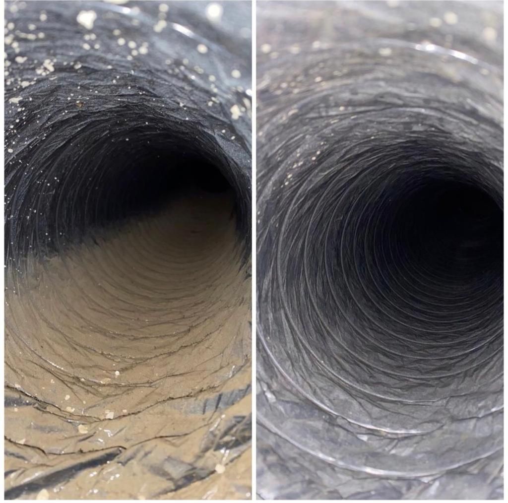 A before and after picture of a duct that is dirty and clean.