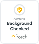 A badge that says `` owner background checked porch ''