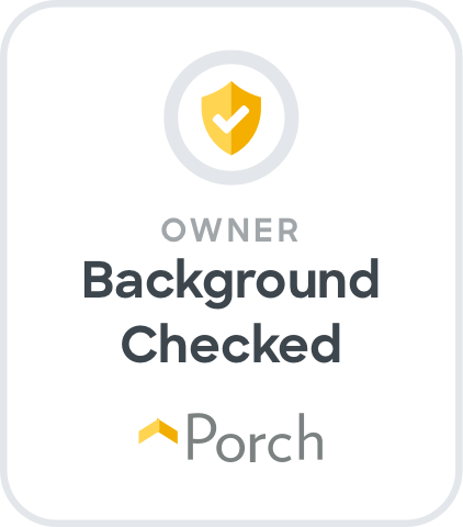 A badge that says `` owner background checked porch ''