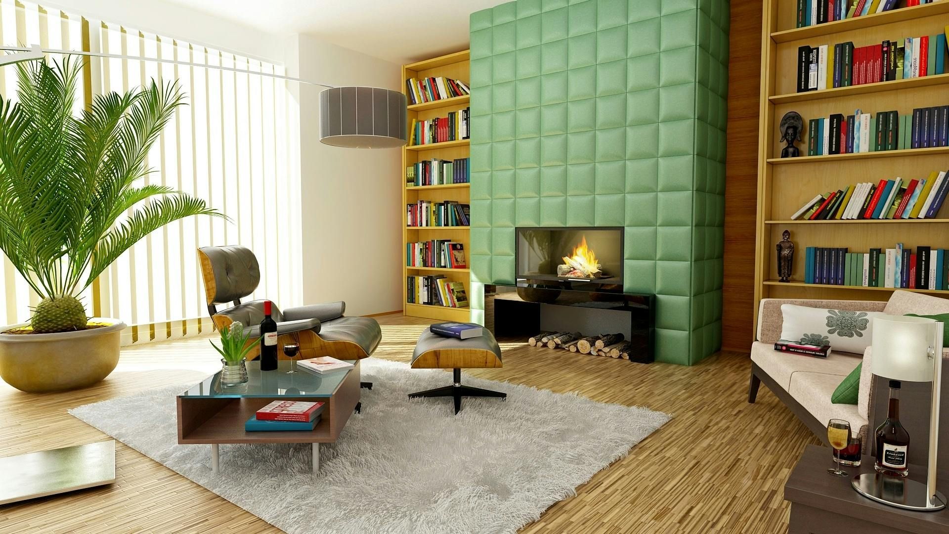 A living room with a fireplace , couch , chair , coffee table and bookshelves.