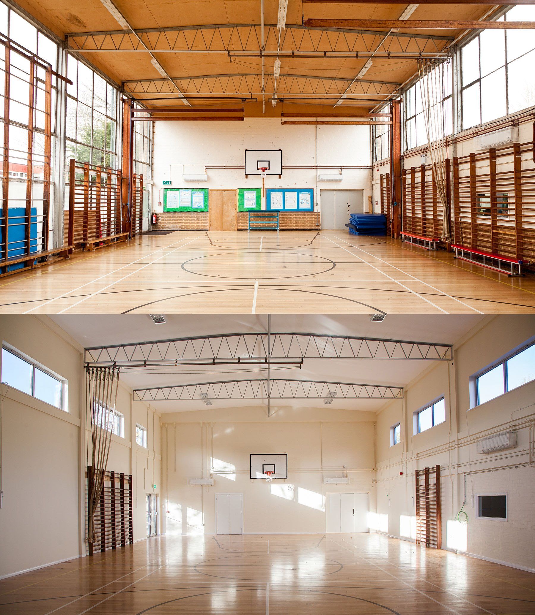 Churchill Academy gymnasium before and after internal works North Somerset