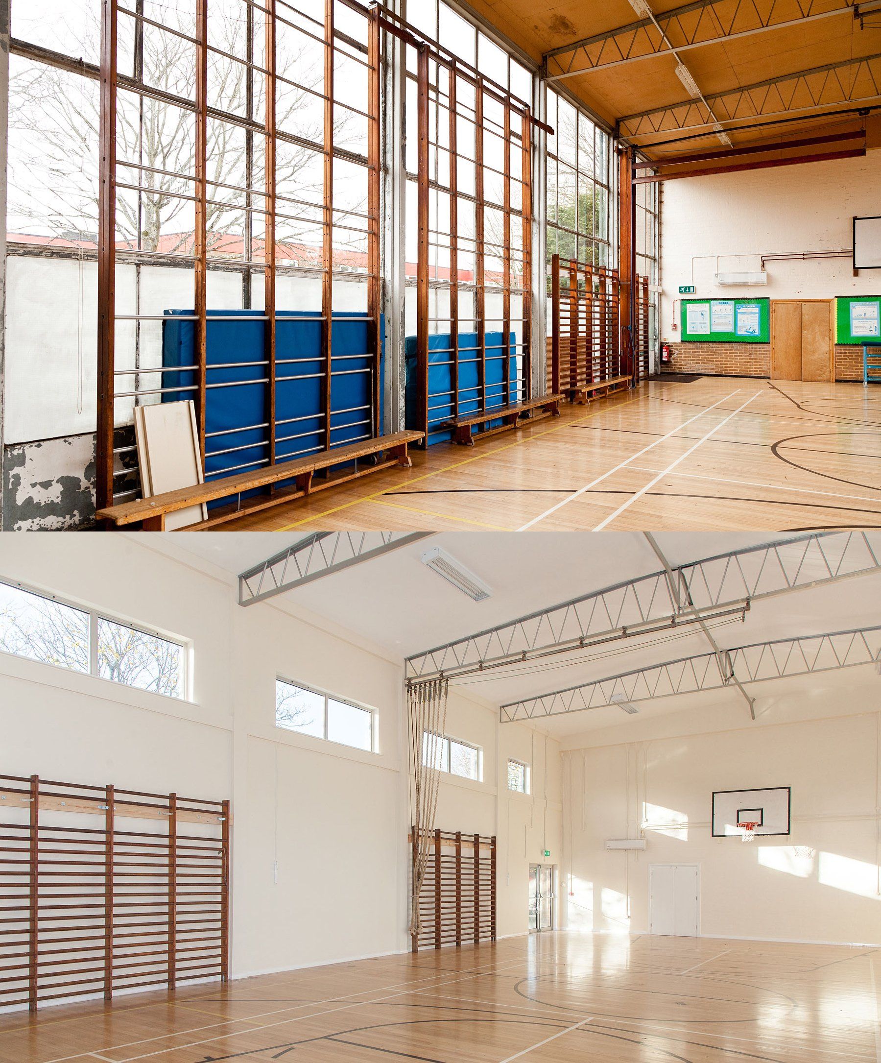 Churchill Academy gymnasium before and after internal works North Somerset