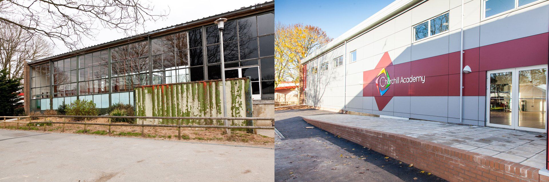 Churchill Academy gymnasium before and after internal works North Somerset