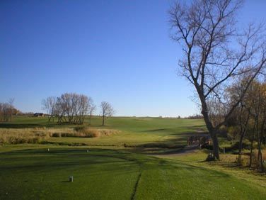 A golf course with trees and a blue sky in the background