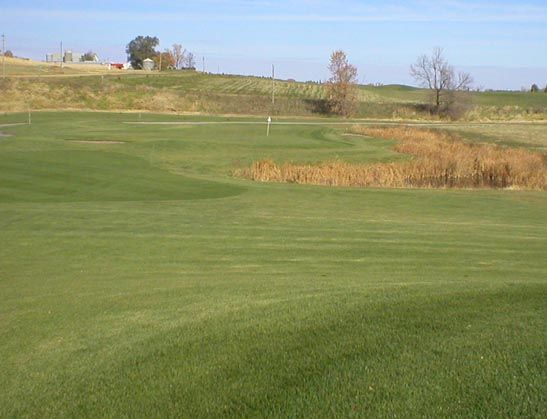 A golf course with a lot of green grass on a sunny day.