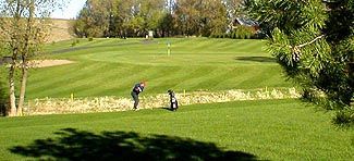 A man is swinging a golf club on a golf course.