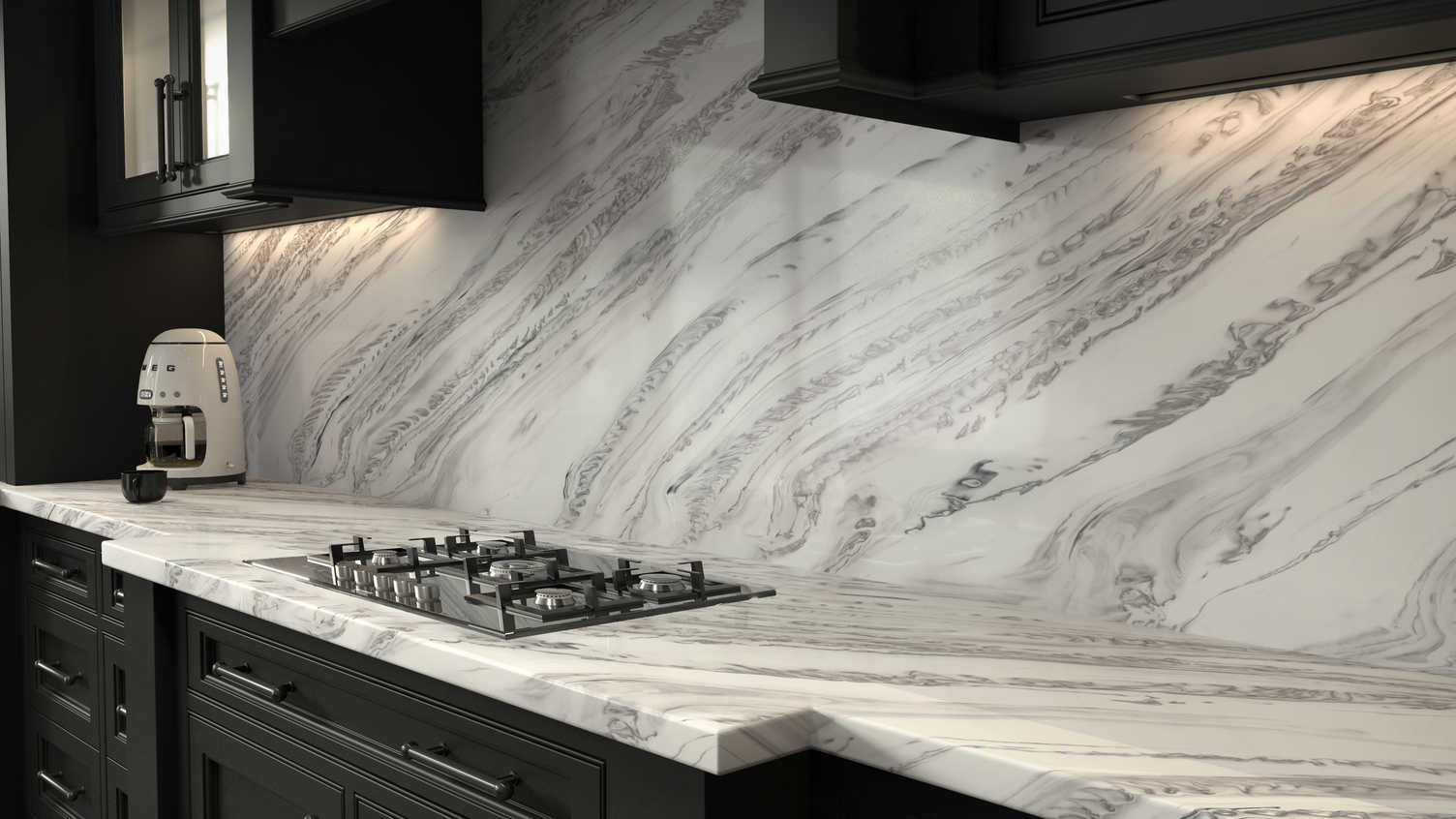 A kitchen with a stove top oven and black cabinets.