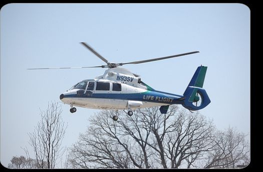 a blue and white helicopter is flying in the sky over trees .