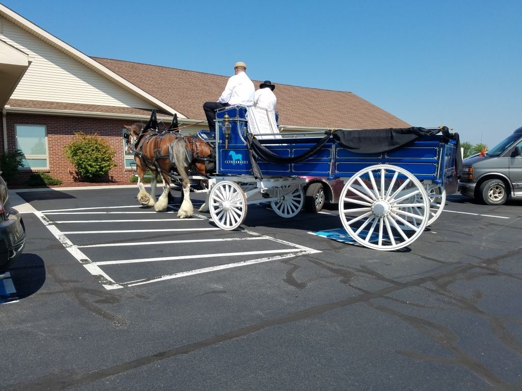 a horse drawn carriage is parked in a parking lot