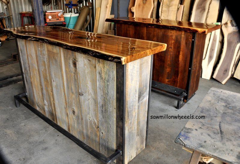 Home bar made with reclaimed live edge wood and barn boards.