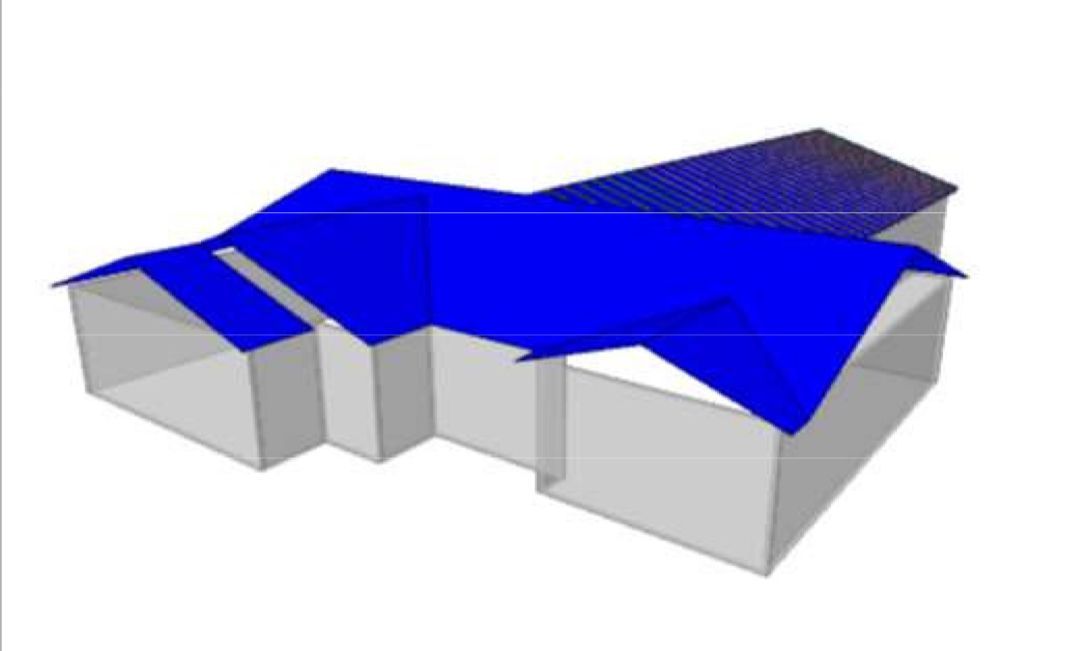 A 3d model of a house with a blue roof