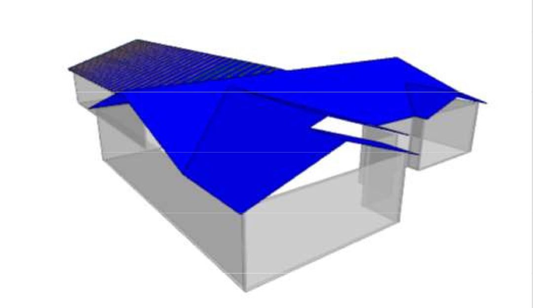 A 3d model of a house with a blue roof