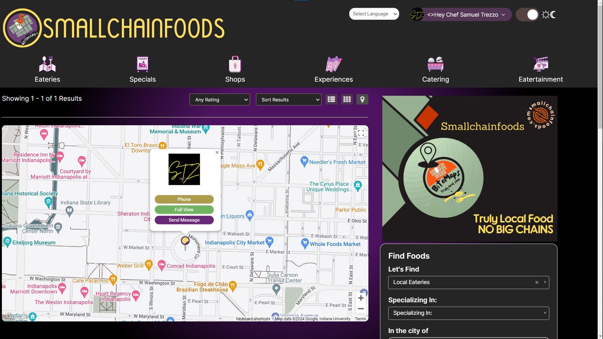 A smallchainfoods website shows a map of a city