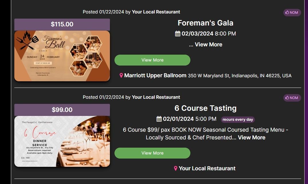 A screenshot of a website for a foreman 's gala and a course tasting