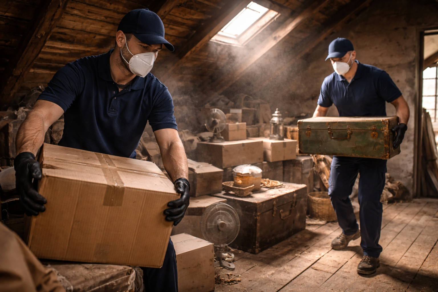 Two men in masks and gloves carry boxes in a dusty attic, likely moving items.