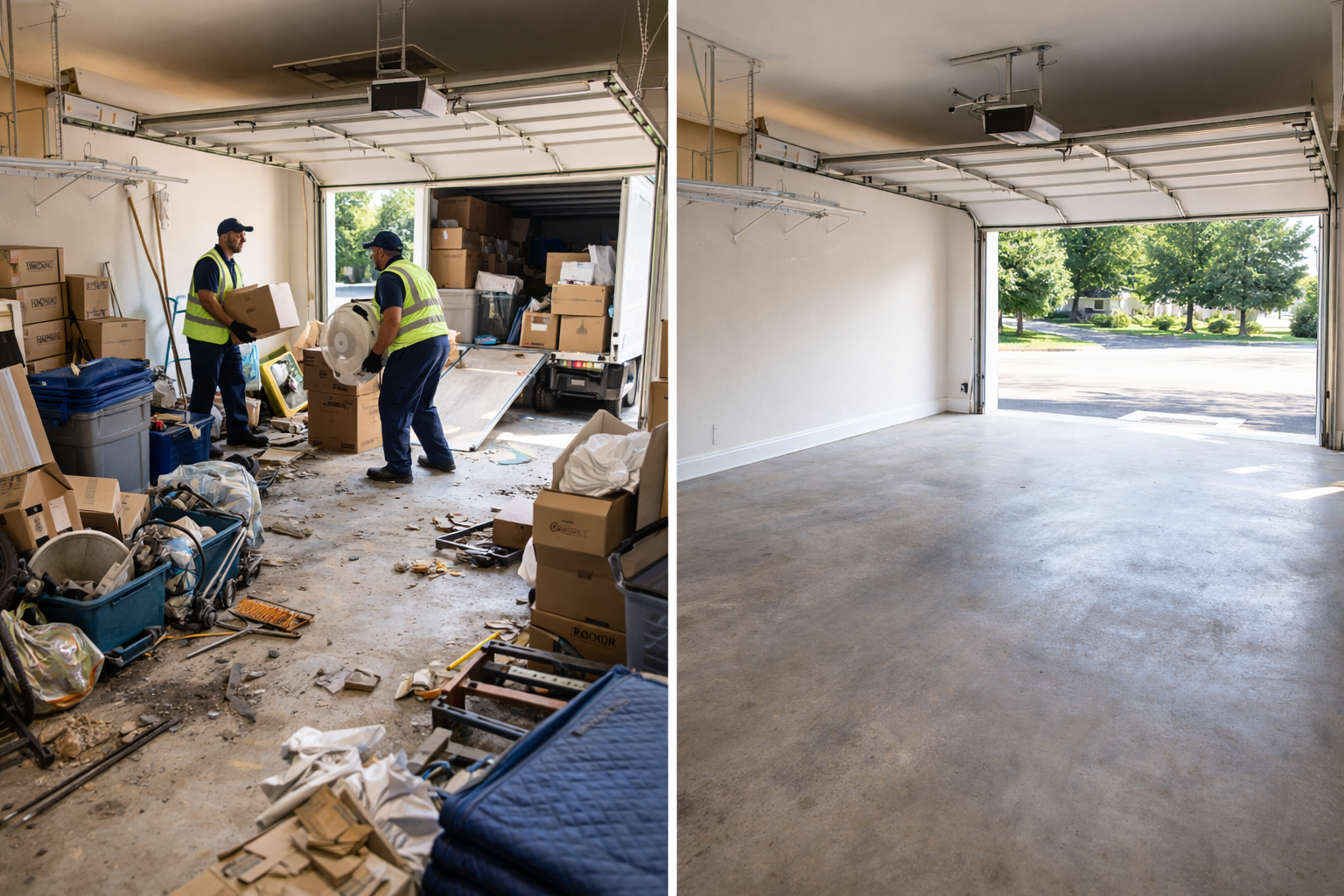 Before and after of a garage: two workers remove items from a cluttered space, revealing a clean, empty garage.