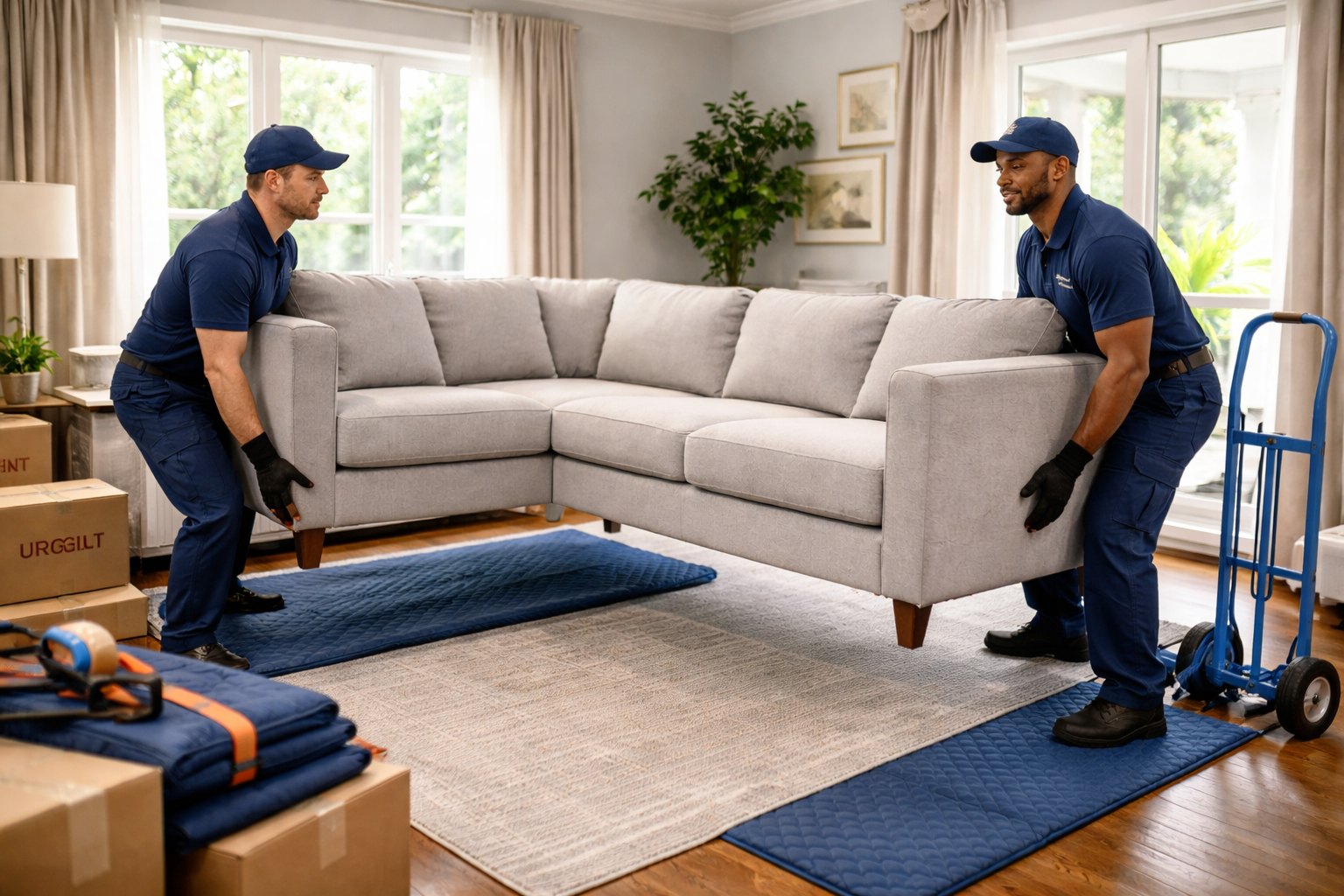 Two movers carrying a sectional sofa inside a home.