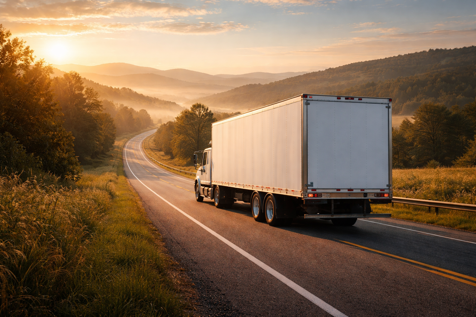 Semi-truck driving on a winding road through a mountain landscape at sunrise.