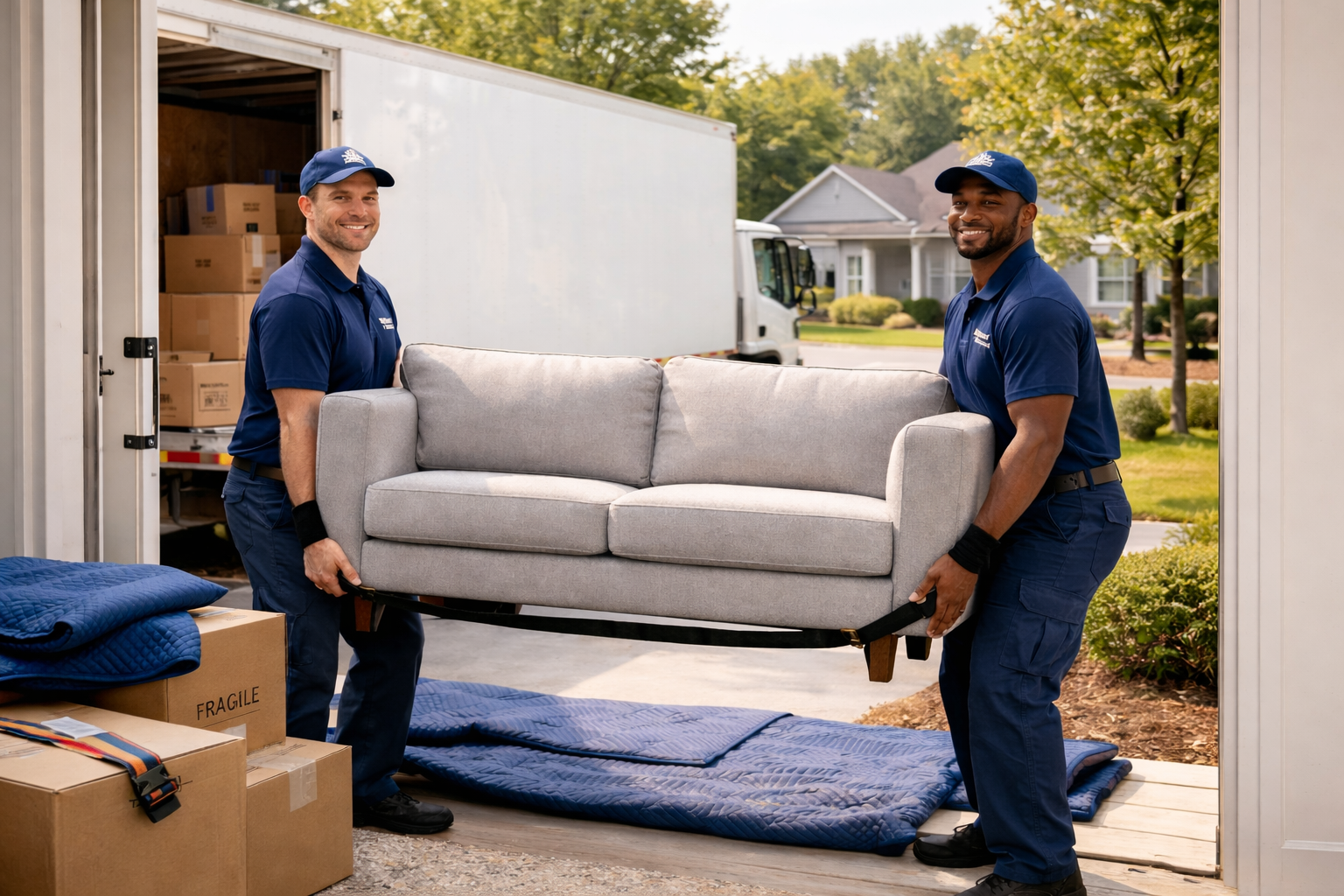 Two movers carrying a gray sofa from a moving truck. Boxes and furniture pads are visible.