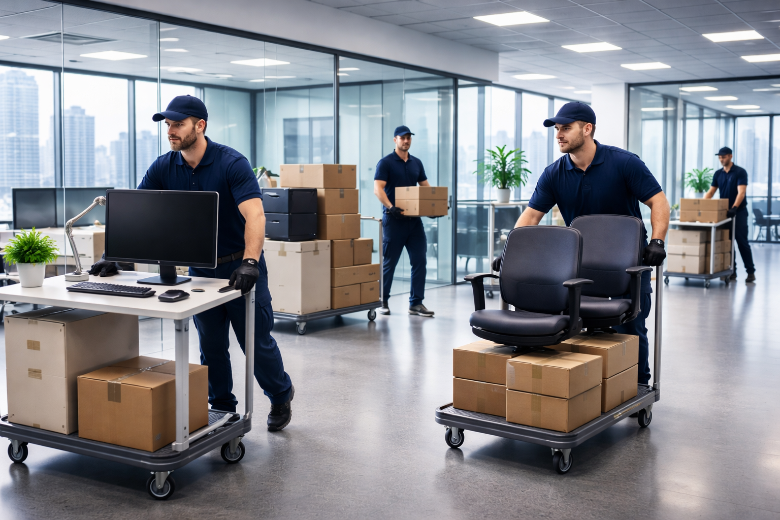Movers in dark blue uniforms transporting office furniture and boxes with rolling carts.