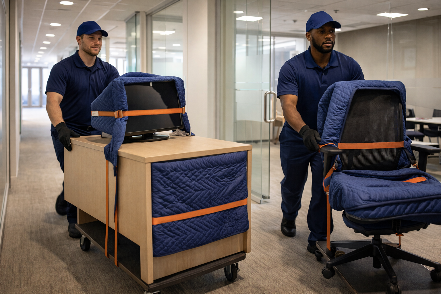 Two people move office furniture on a cart and by hand in a hallway.