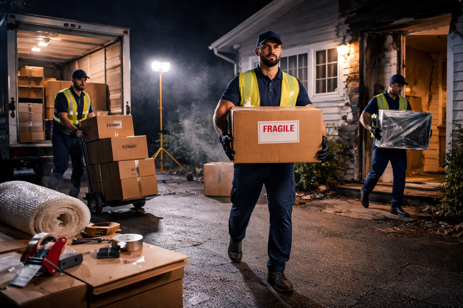 Movers unloading boxes from a truck at night. One man carries a box, others use a dolly and handle other items.