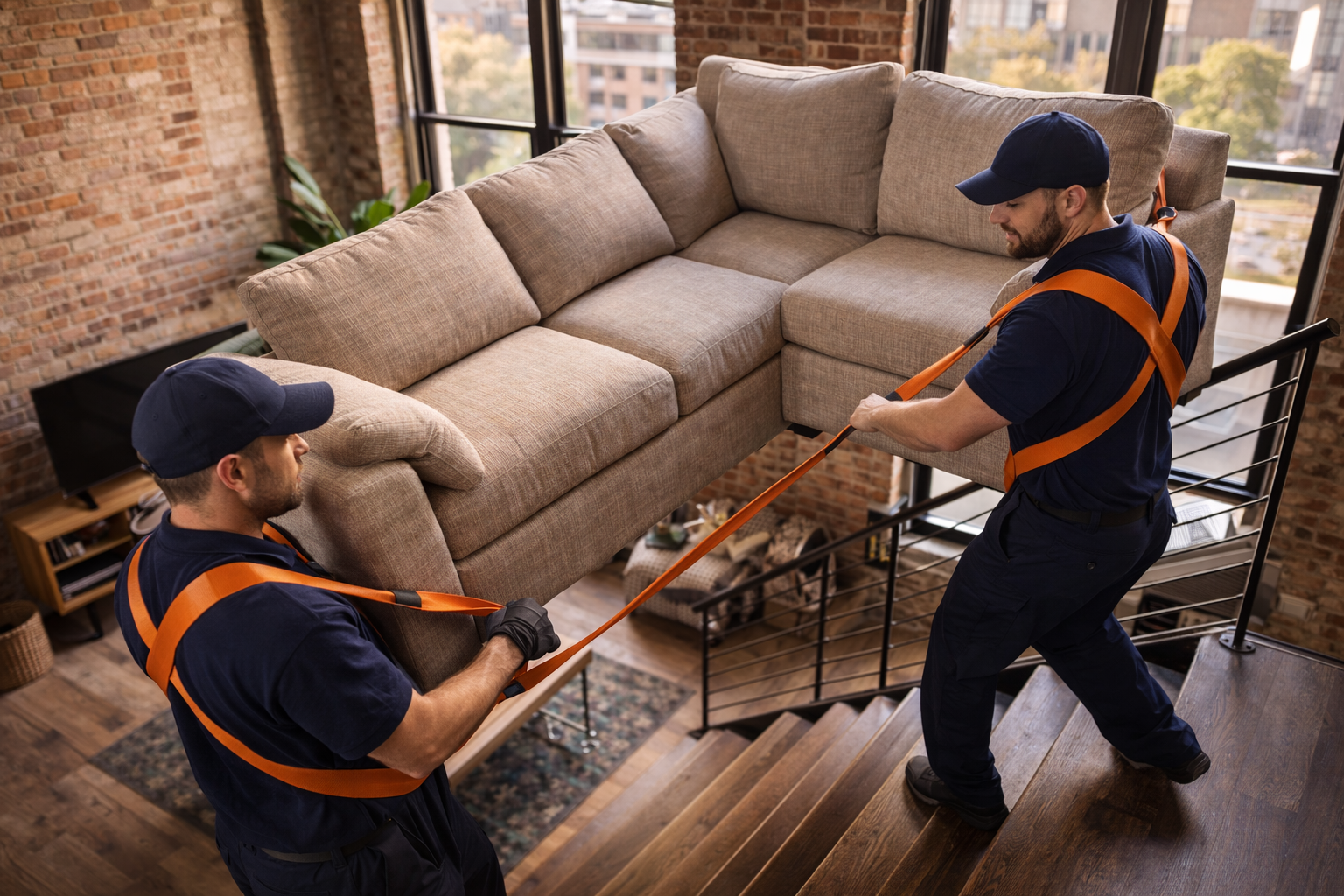 Two movers wearing orange harnesses carrying a beige sectional sofa up wooden stairs.
