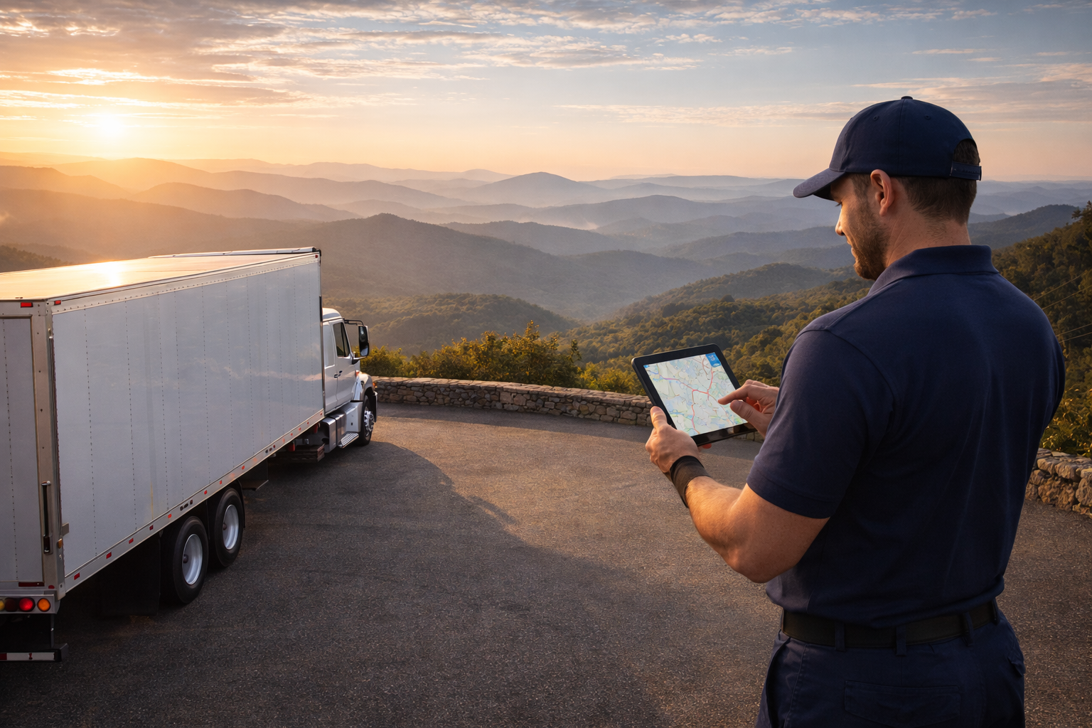 Truck driver using tablet with mountains in the background at sunset.