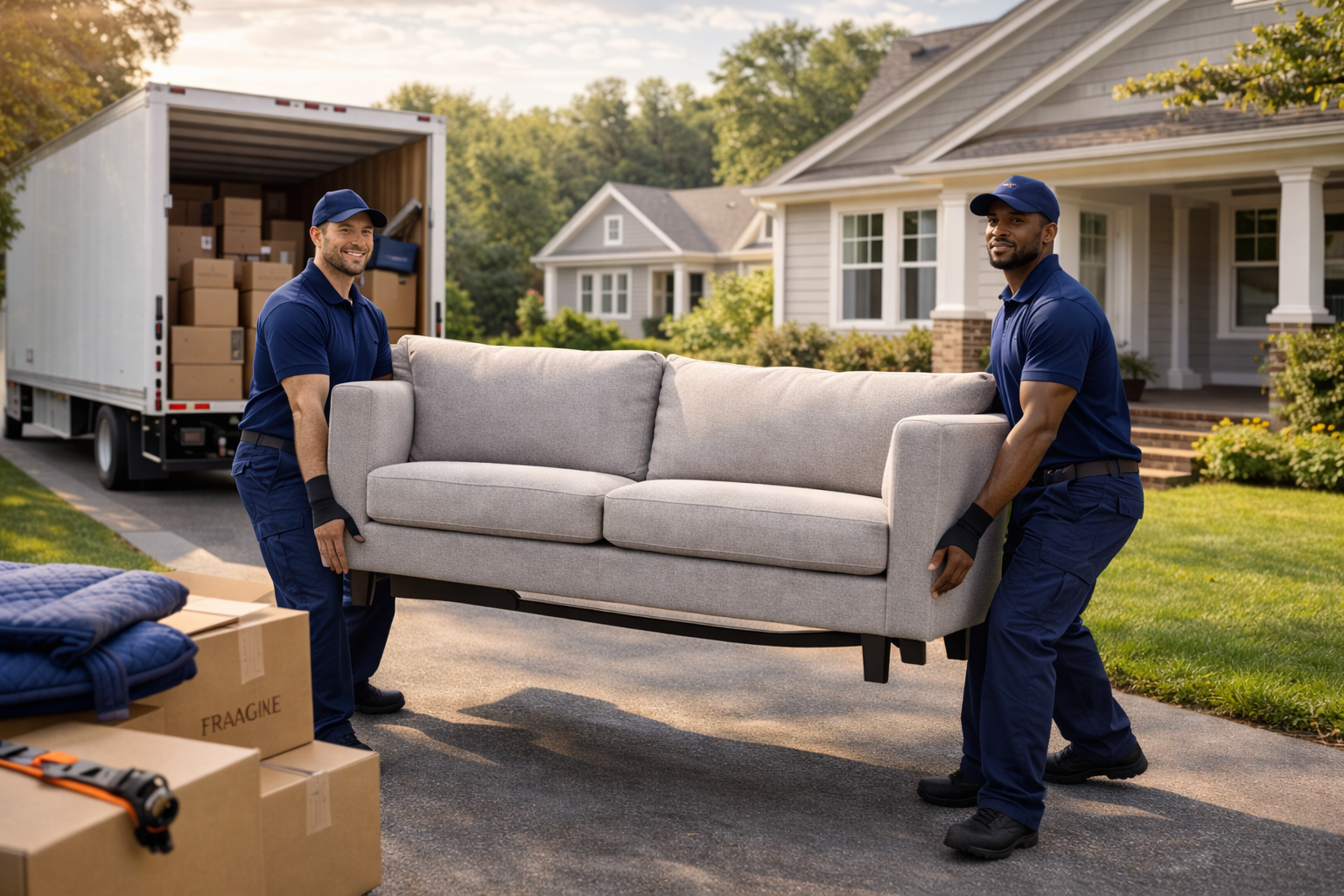 Two movers carrying a gray sofa from a truck parked in a driveway in front of a house.
