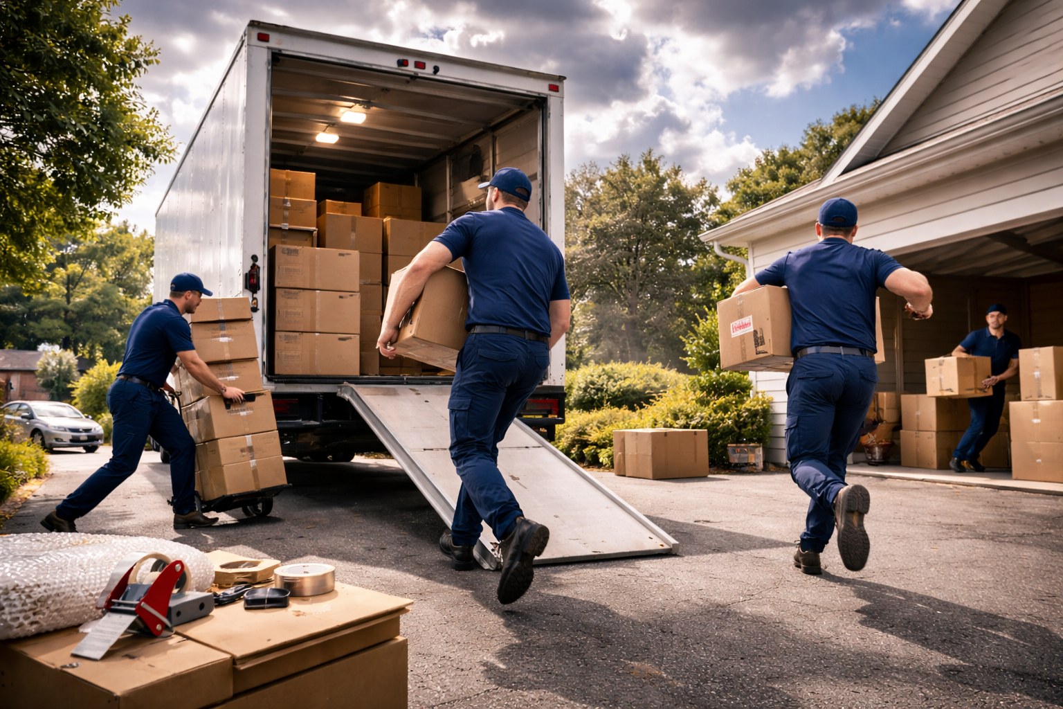 Movers unloading boxes from a truck into a house. Sunny day.