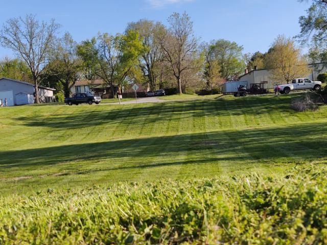 Grassy lawn slopes upward towards houses and parked vehicles under a blue sky.