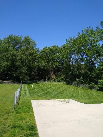 Green grass, concrete area, trees under blue sky.