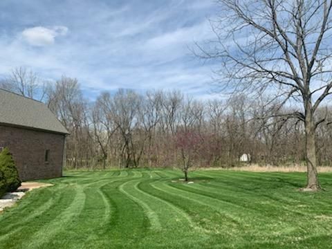 Lawn with striped mowing pattern; trees in background, sunny sky, side of brick house.