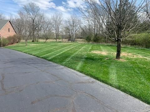 Lawn with freshly cut stripes next to a dark driveway, trees in the background, and a brick house on the left.