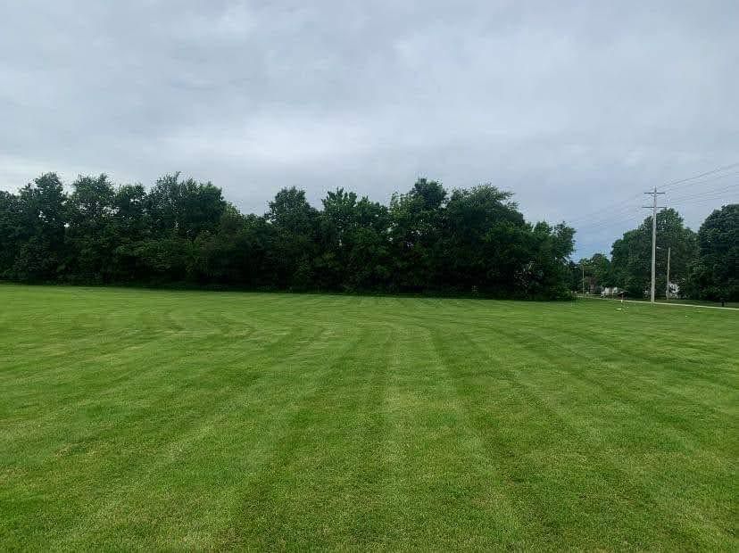 Green, mowed field with trees in the background under a cloudy sky.