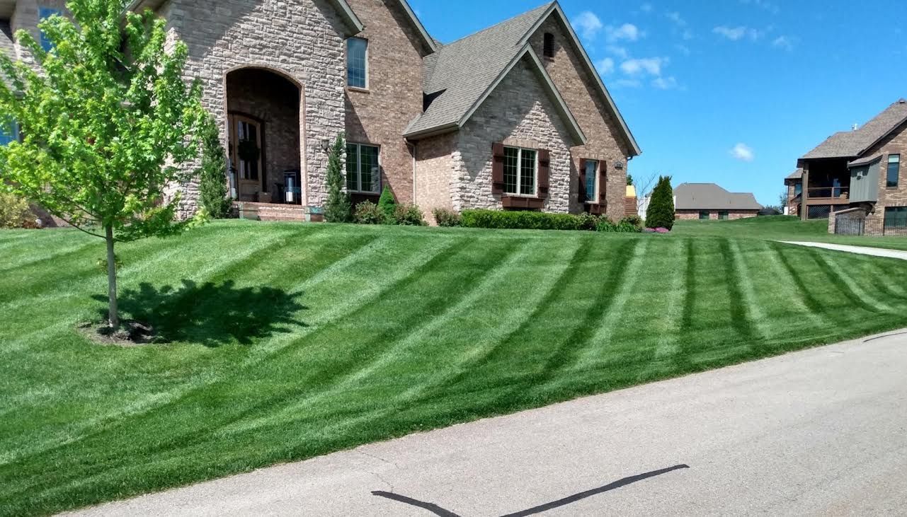 Green lawn with striped mowing pattern in front of a brick house under a blue sky.
