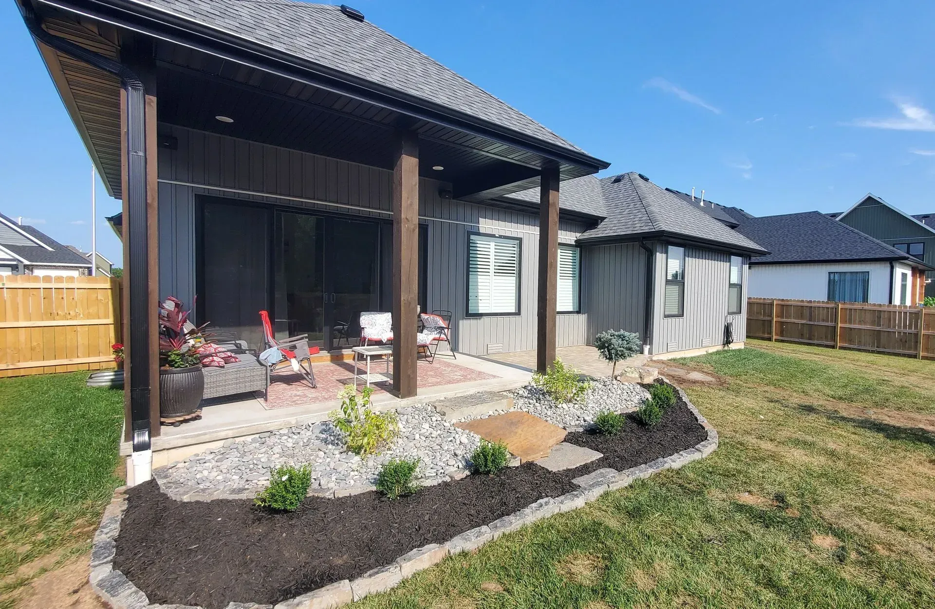 Exterior of a house with a covered patio, garden beds, and green grass on a sunny day.