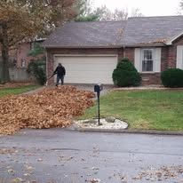 Large, trimmed green bush in front of a beige building with a brown roof and a brick wall on the right.