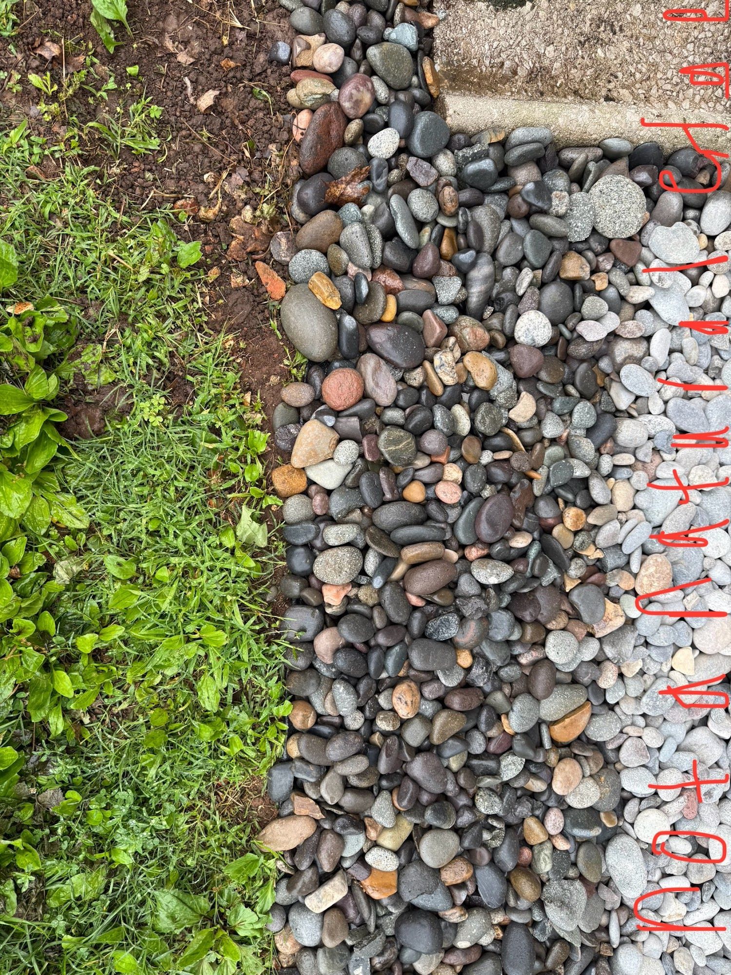 Overhead view of a garden border with plants, rocks of varied colors and sizes, and a concrete path.
