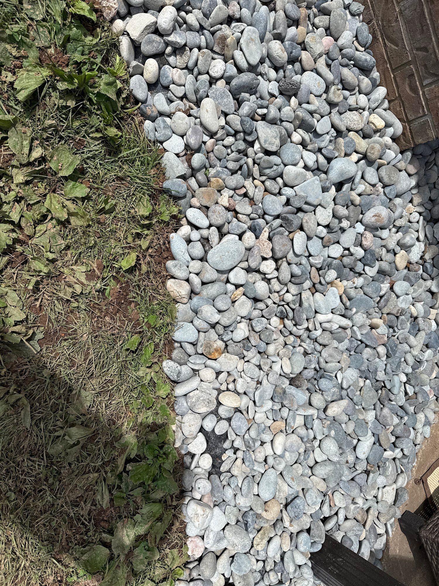 Gravel bed of gray and tan rocks next to patch of dry grass and greenery.