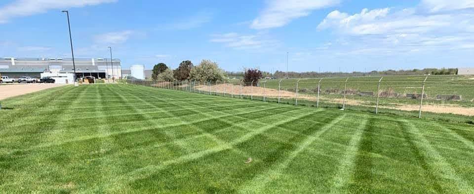 Green lawn with a pattern, in front of a factory and field, under blue sky with clouds.