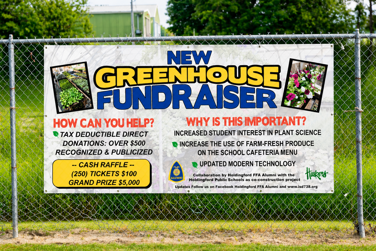 Banner for New Greenhouse Fundraiser with help options and donation information by a chain-link fence