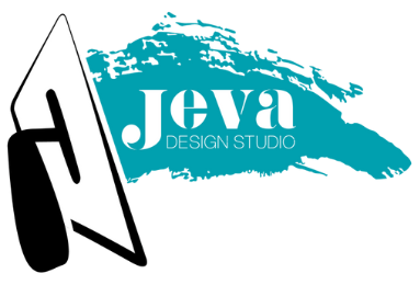 Logo for Jeva Design Studio: A trowel next to turquoise brushstroke with 