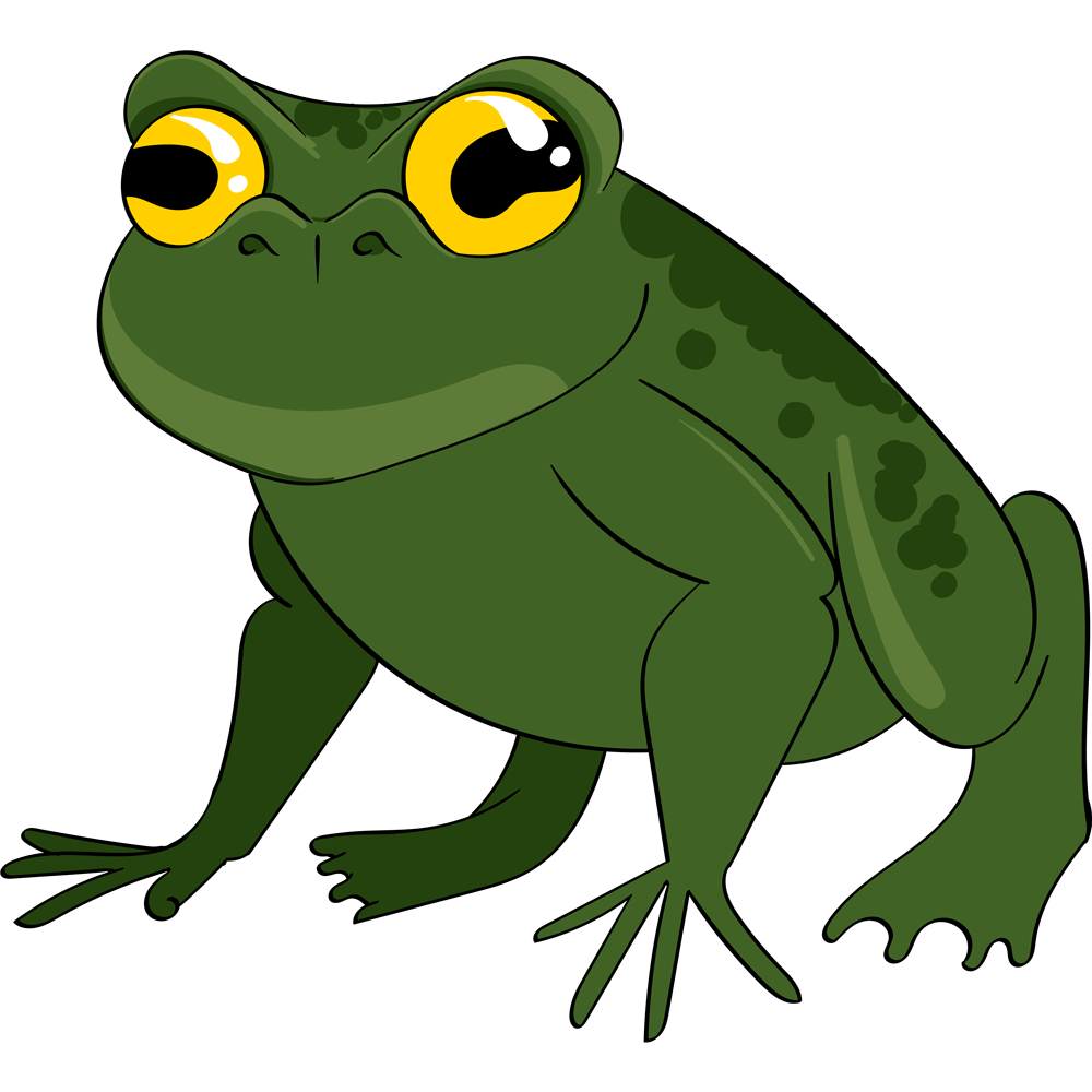 a green frog with yellow eyes is sitting on a white background .
