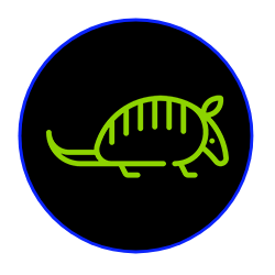 a green armadillo icon in a blue circle on a black background .